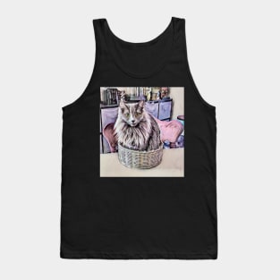 Grey Green Eyed Cat In Basket Tank Top